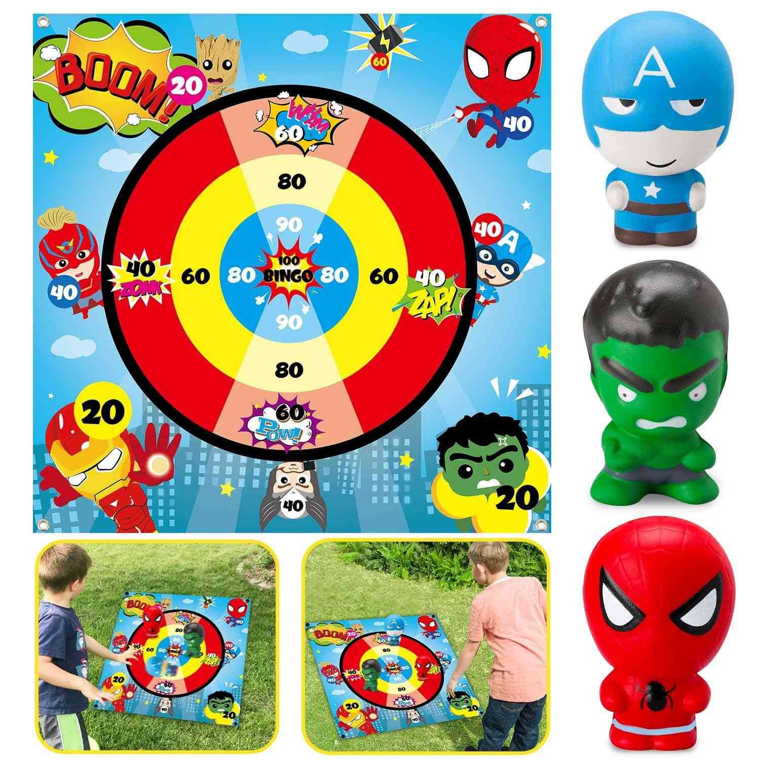 Superhero Flarts Lawn Dart Game Of Safe Version, Throwing Squishies Toy On Fabric Score Mat, Indoor Or Outdoor Yard Game For Kids