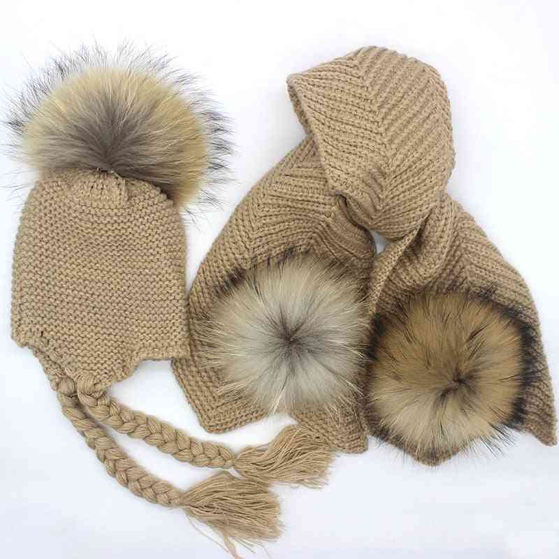 Winter Warm- Crochet Fur Pom-pom, Beanie Knitted, Scarf & Hat Set