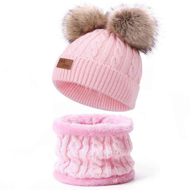 Winter Warm- Fake Ball Pompon, Knitted Skullies, Hat & Scarf Set