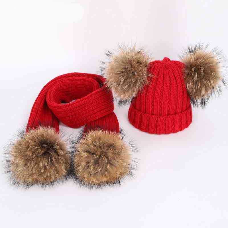 Winter- Raccoon Fur Pom-poms, Knit Beanie Hat & Scarf