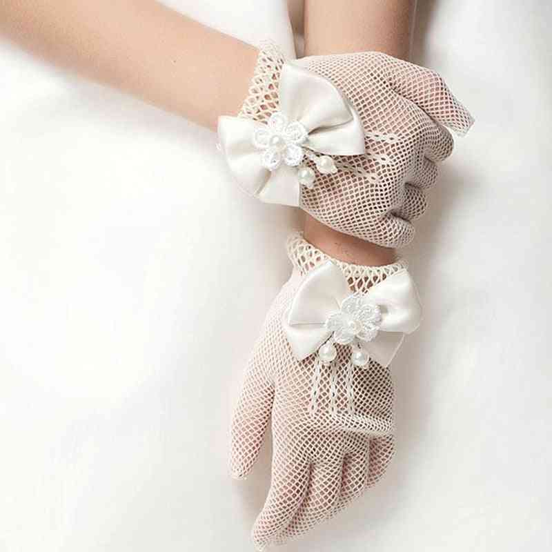 Girls Mesh Bow Lace Pearl Decoration Gloves