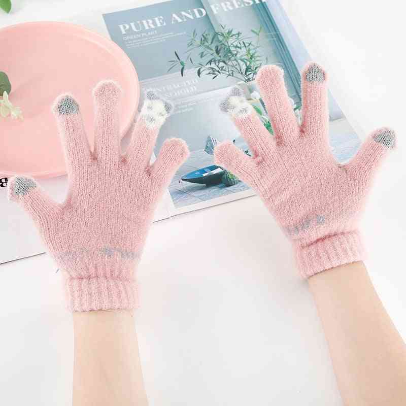 Detské zimné pletené termo-lyžiarske rukavice s dotykovým displejom, ktoré sú potiahnuté fleecom, pripomínajúce norkové rukavice