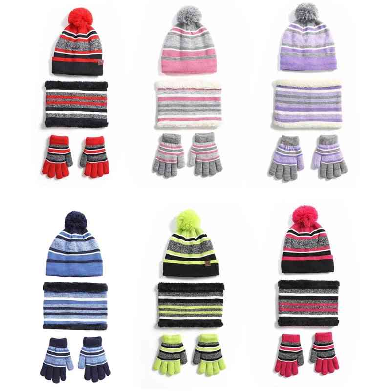 Winter- Knitted Striped, Lined Pompom Beanie Hat, Scarf, Gloves Set