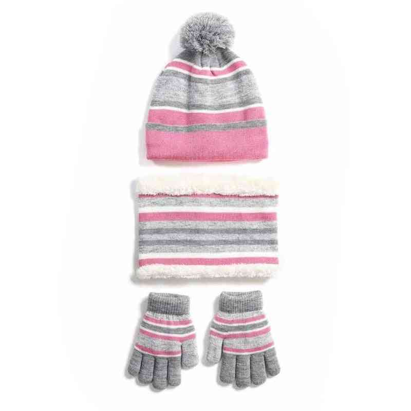 Winter- Knitted Striped, Lined Pompom Beanie Hat, Scarf, Gloves Set