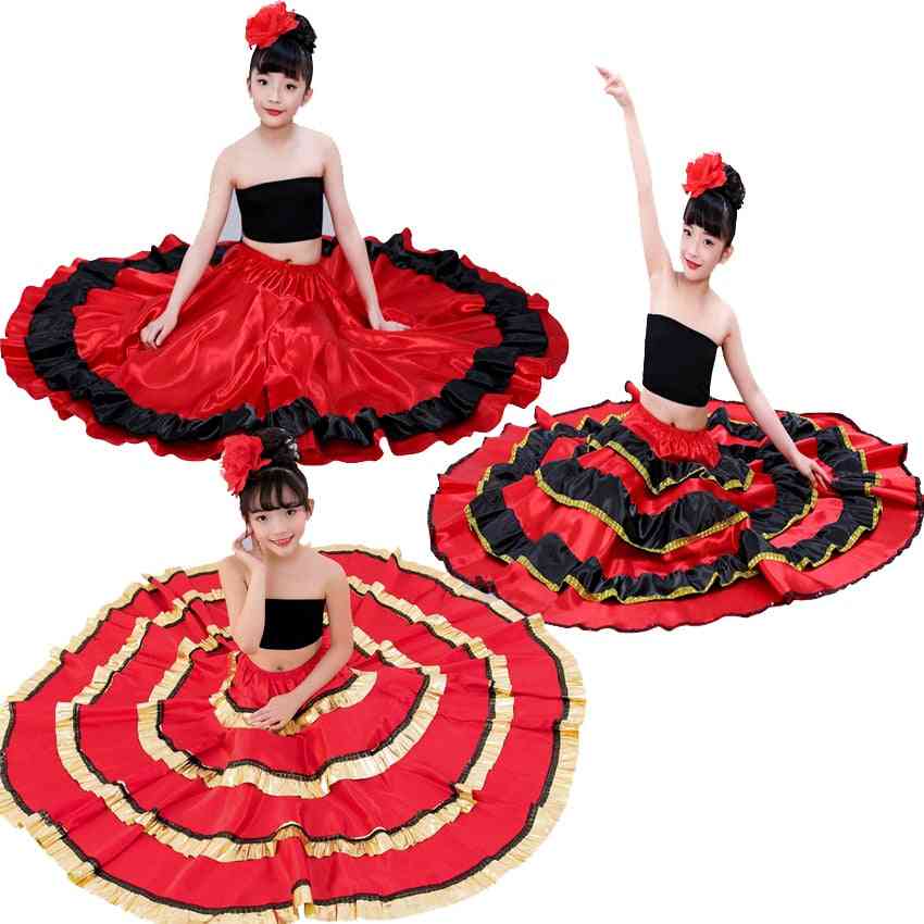 Perinteinen flamenco-satiini sileä, vatsatanssi, puvut swing-hame