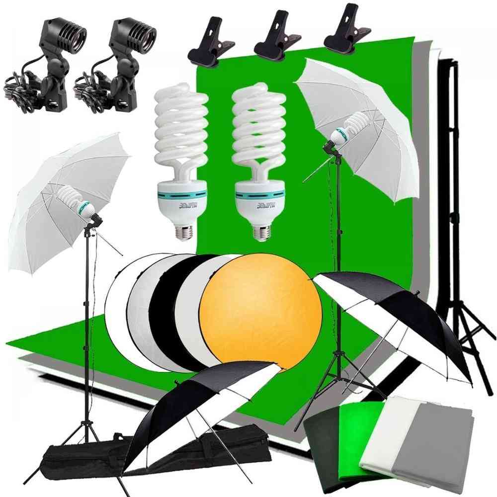 Studio ombrello foto illuminazione sfondo kit + 4 fondali + 2 ombrelli + 2 lampadine * 135w + riflettore + supporto per fondale