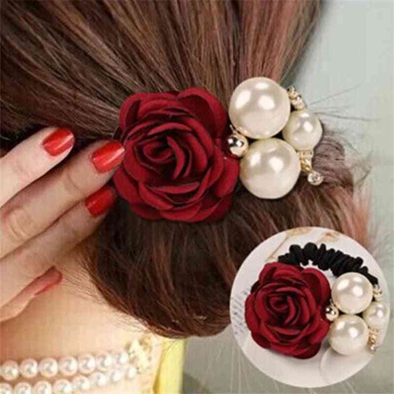 Kvindemode stil stor rose blomst perle rhinestone elastisk hår reb