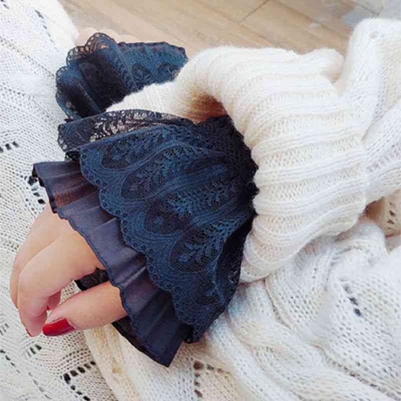 Women Fake Flare Sleeves Floral Lace Pleated Ruched False Cuffs