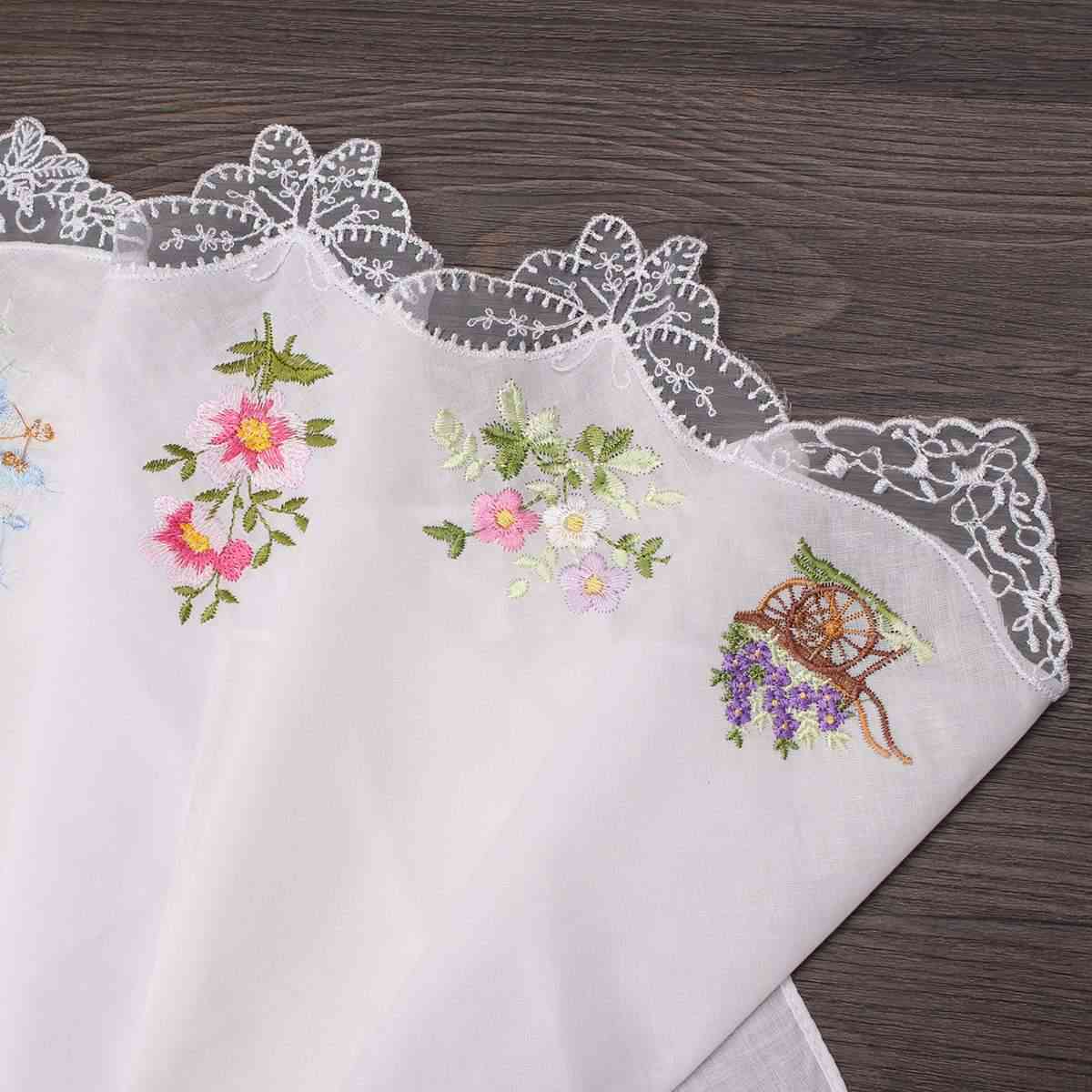 Vintage Cotton Women Hankies Embroidered Butterfly Lace Flower Hanky