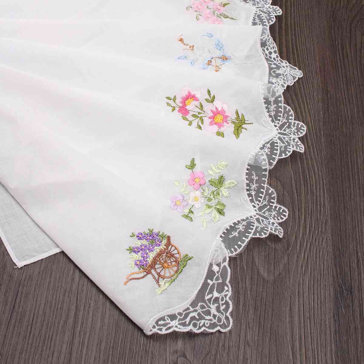 Vintage Cotton Women Hankies Embroidered Butterfly Lace Flower Hanky