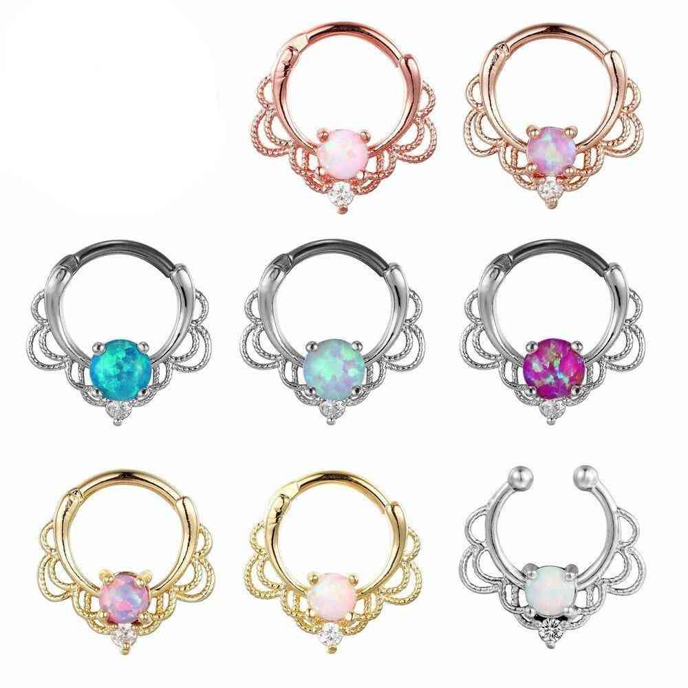 Opal Stone Septum Clip Clicker Nose Piercing Rings
