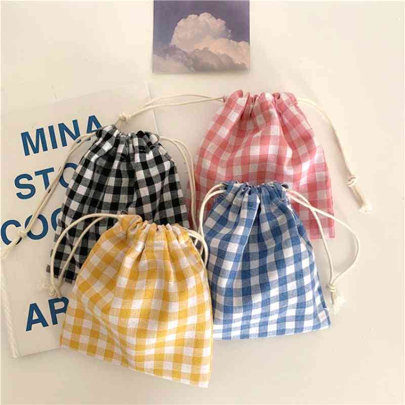 Cotton Fabric Lattice Drawstring Storage Pouch Packaging Bag