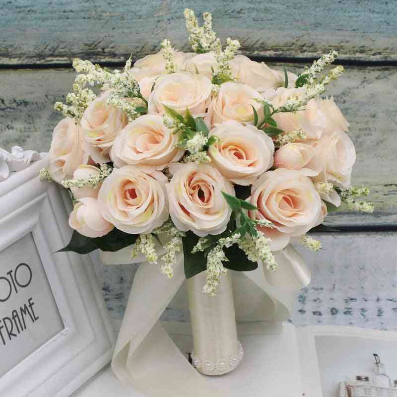 Artificial Natural Rose Wedding Bridal Bouquet With Silk Satin Ribbon