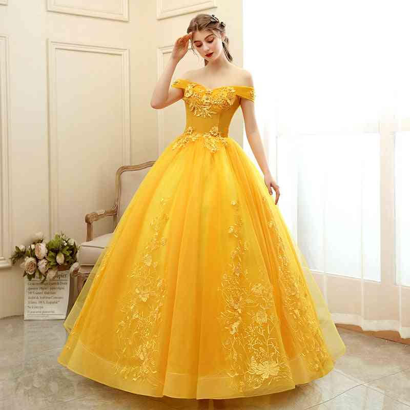 Sweet Floral Print Prom Off The Shoulder Ball Gown - Set 2