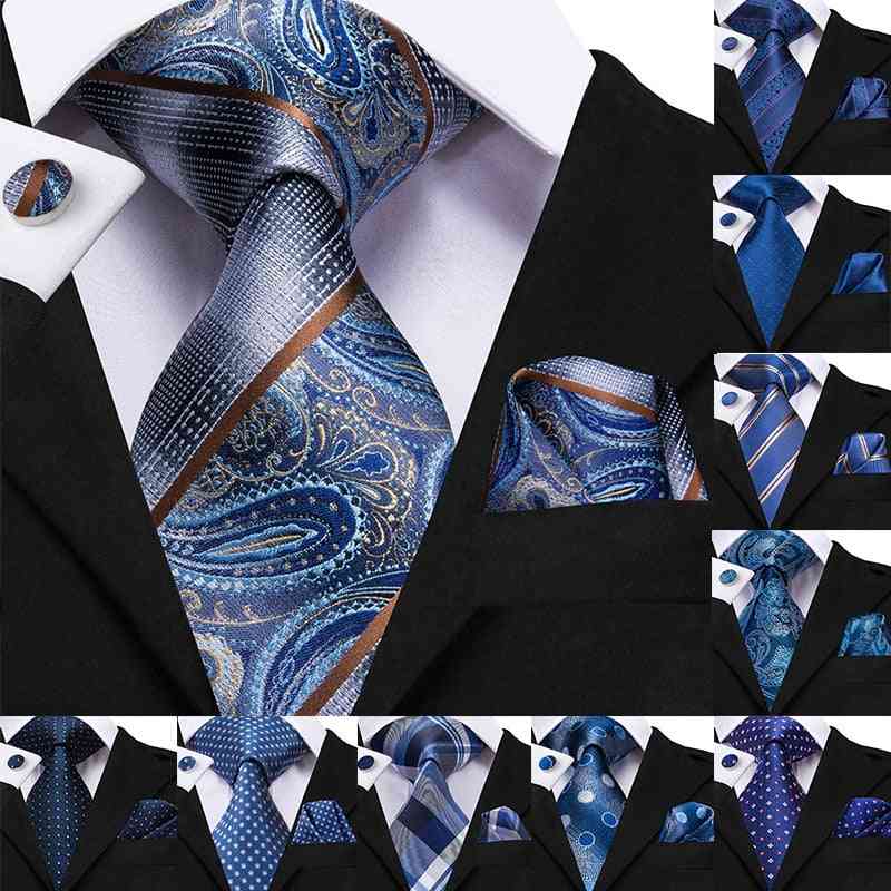 Ensemble de boutons de manchette mouchoir cravate cravate bleu paisley pour hommes en soie de 8,5 cm