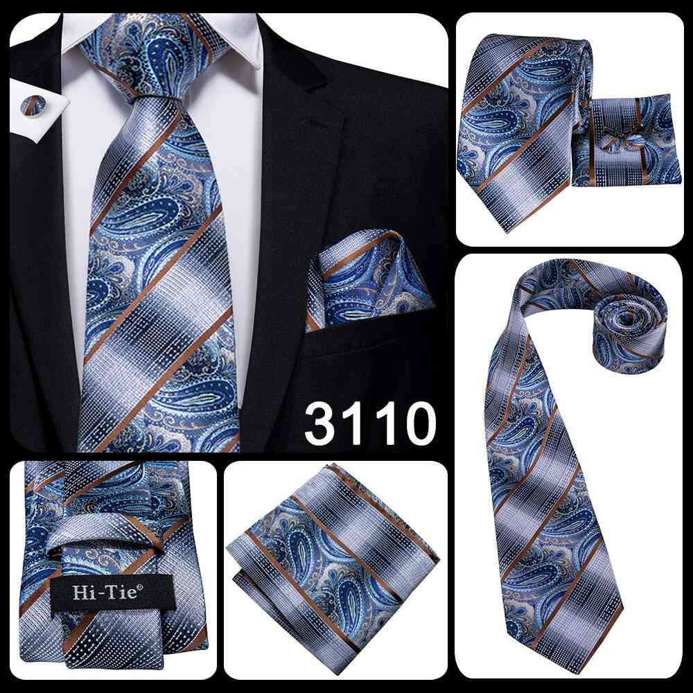 8.5cm Silk Men's Fashion Blue Paisley Tie Necktie Handkerchief Cufflinks Set