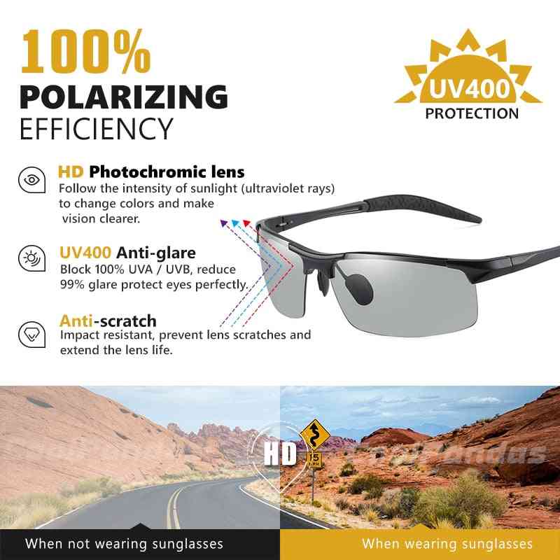 Fotokrom polariserade solglasögon utan bågar av aluminium