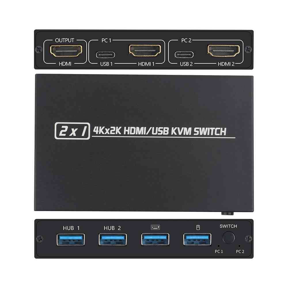 2-port Hdmi Usb Kvm 4k Switch Splitter For Shared Monitor Keyboard And Mouse