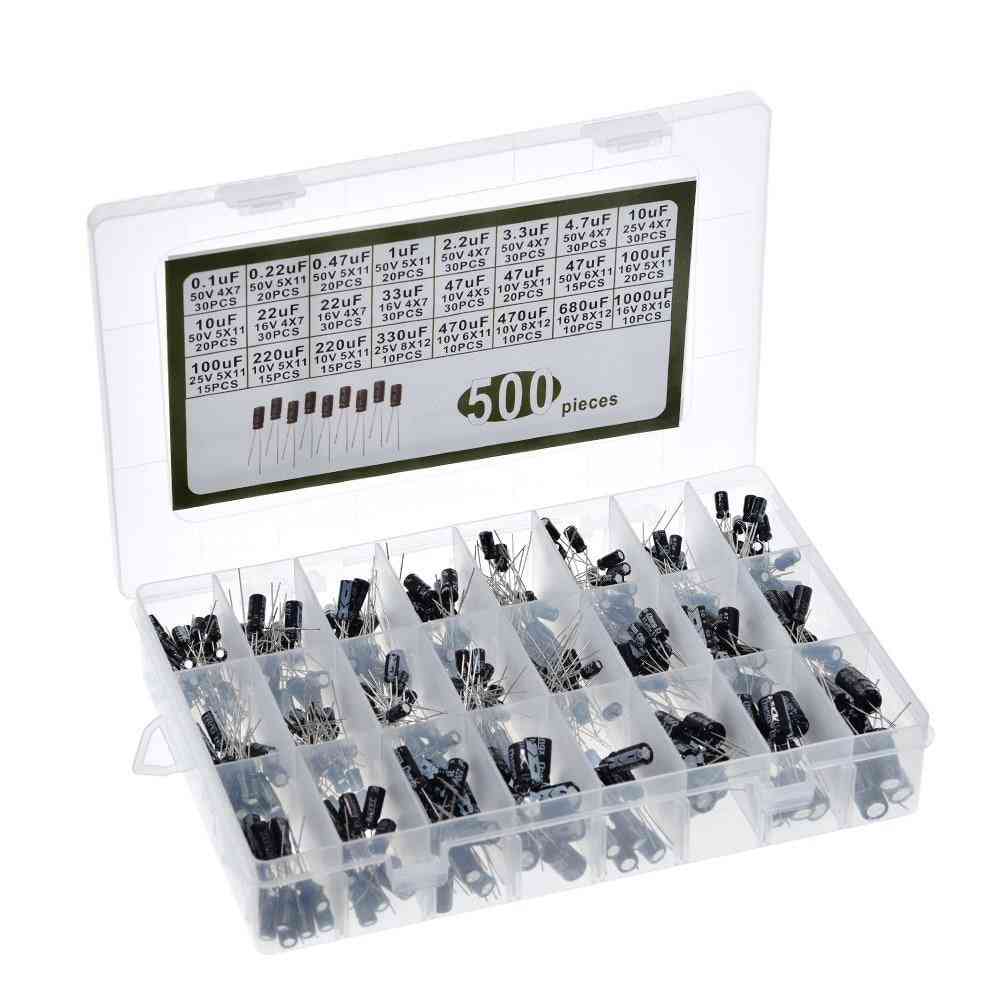500pcs/lot Diy 0.1uf-1000uf 24values Aluminum Electrolytic Capacitors 16-50v Mix Electrolytic Capacitor Assorted Kit Set Box