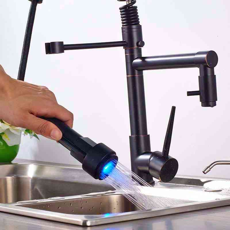 Led Light, Dual Spout, Kitchen Faucet, Single Handle, Spring Pull Down Water Taps, Handheld Sprayer
