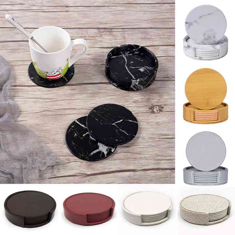 Leather- Marble Coaster, Drink Coffee Cup, Mats Round Tea Table, Pad Holder