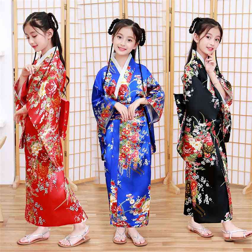 Traditional Japanese Style- Peacock Yukata Kimono, Dress Costume For Girl
