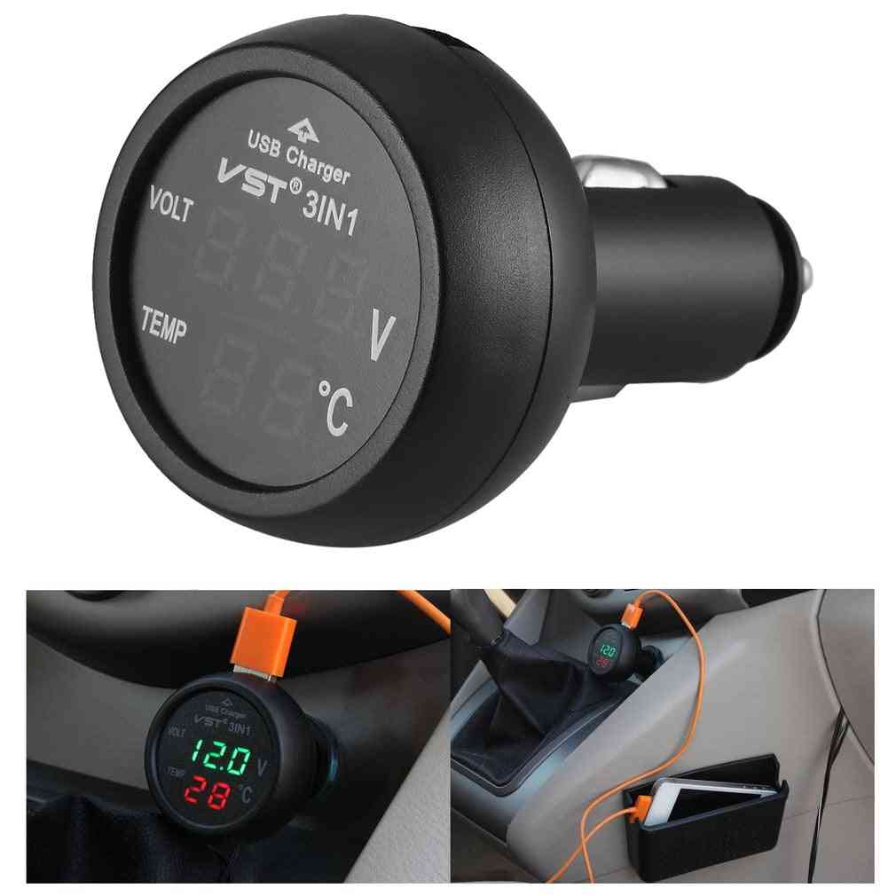 Led Usb Car Charger Voltmeter Thermometer