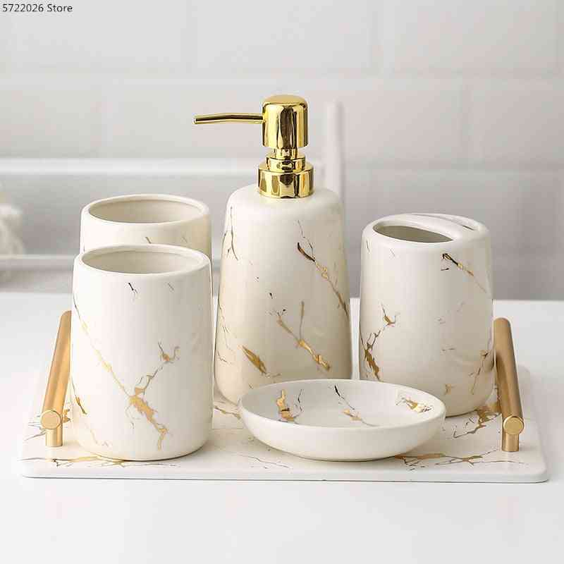 Ceramic Toiletries Bathroom Set Marble Porcelain Cup Toothbrush Holder / Soap Dispenser