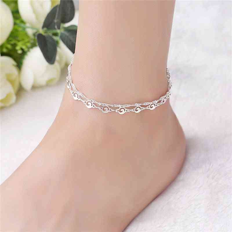 Sterling Anklets, Two Layers Round Charm Foot Chain