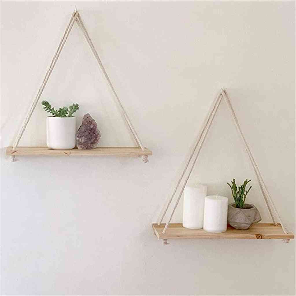 Premium Wood Swing Hanging Rope Wall Mounted Shelves Plant Flower Pot Rack