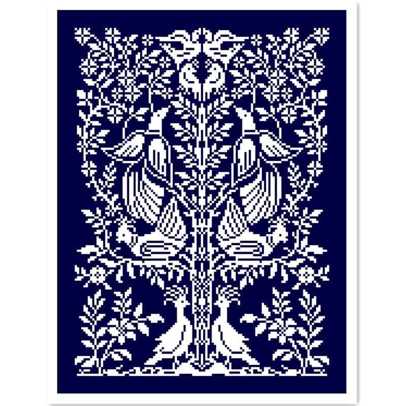 Monochrome- Totem Cross Stitch, Blue Cotton Thread, Embroidery Needlework