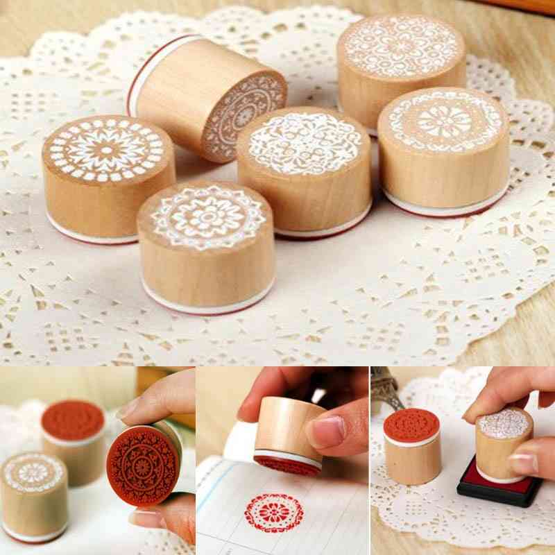 Round Wooden Vintage Pattern Stamps  Lace Series Drawing Paint Tools..