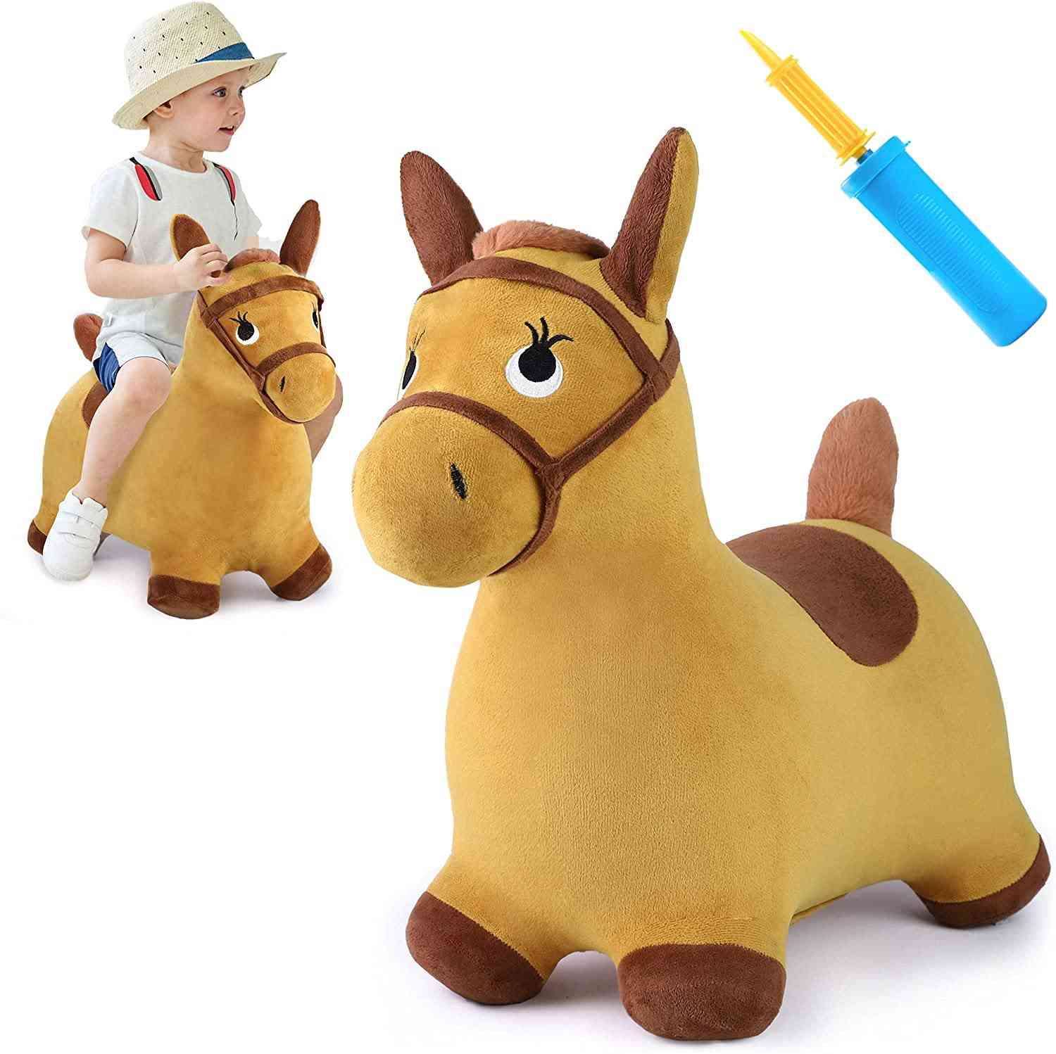 Barn rider på studsande lek gul hoppande häst plysch uppblåsbar tratt