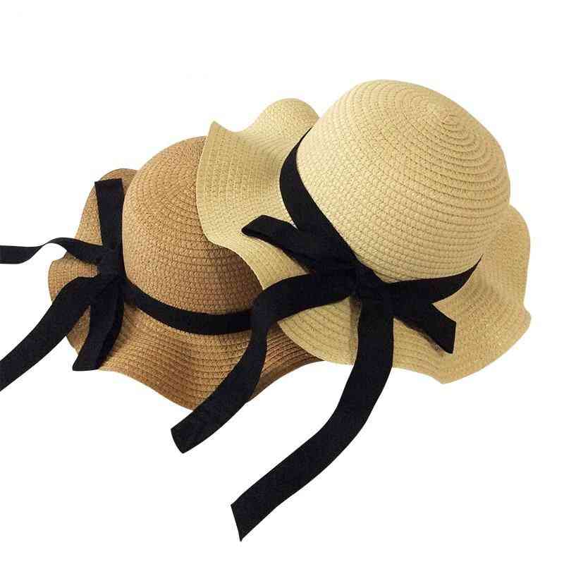 Girls Summer Cap Black Ribbon Decorate Straw Hat For