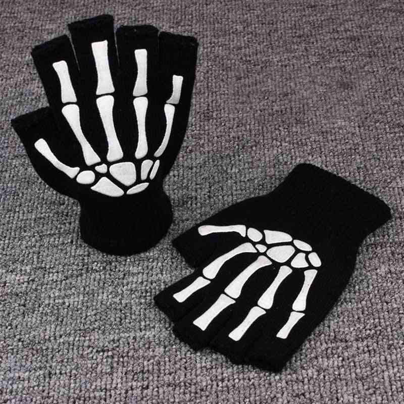 Printing Fluorescent- Skeleton Skull Knitted, Half Finger Gloves For