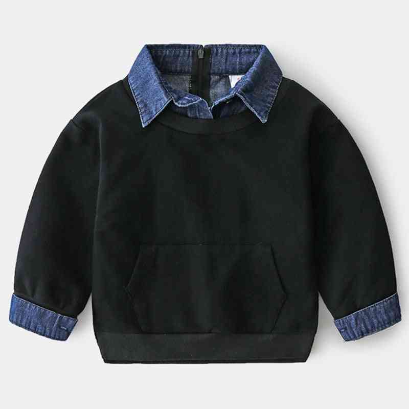 Children Turn-down Collar Denim Patchwork Sweatshirt
