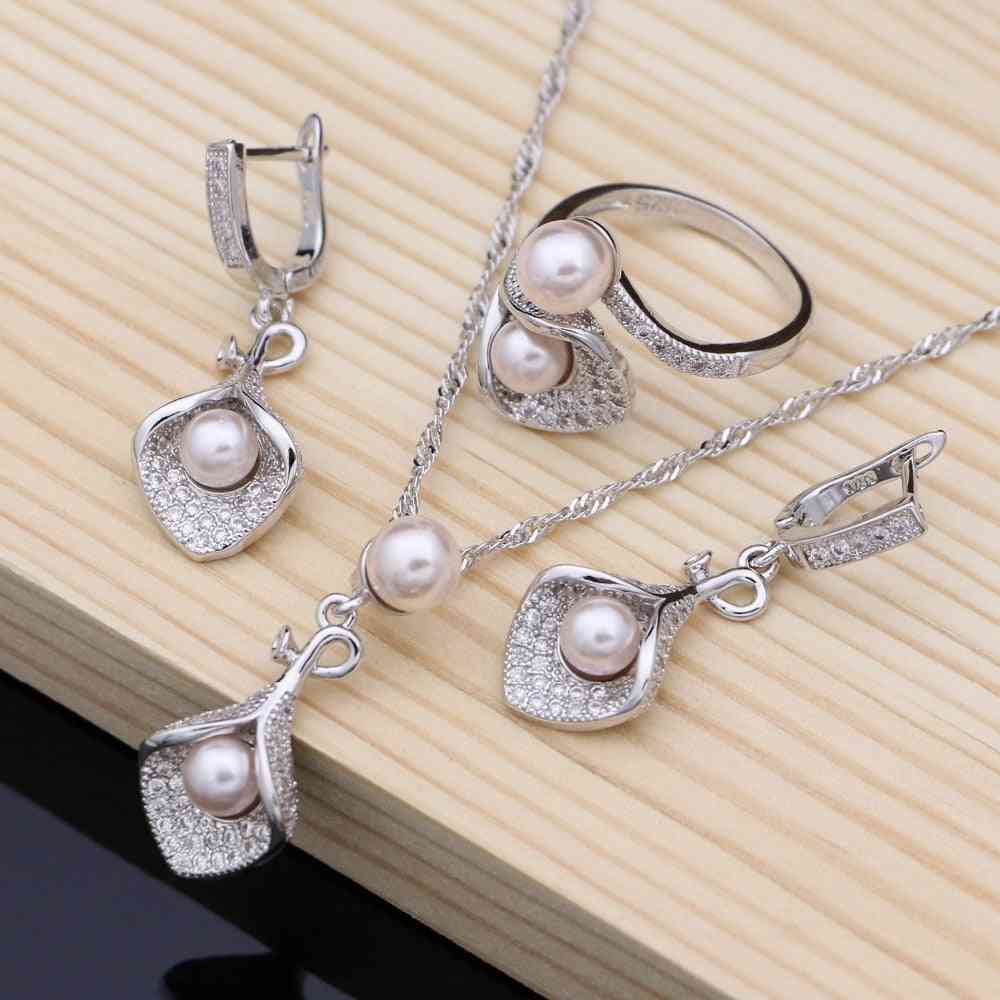 Horn Flower- Pearl Zircon Pendant, Drop Earrings, Open Rings Necklace Set