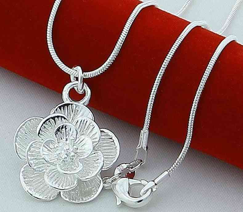 Silver Rose Flower- Snake Chain, Pendant Necklace