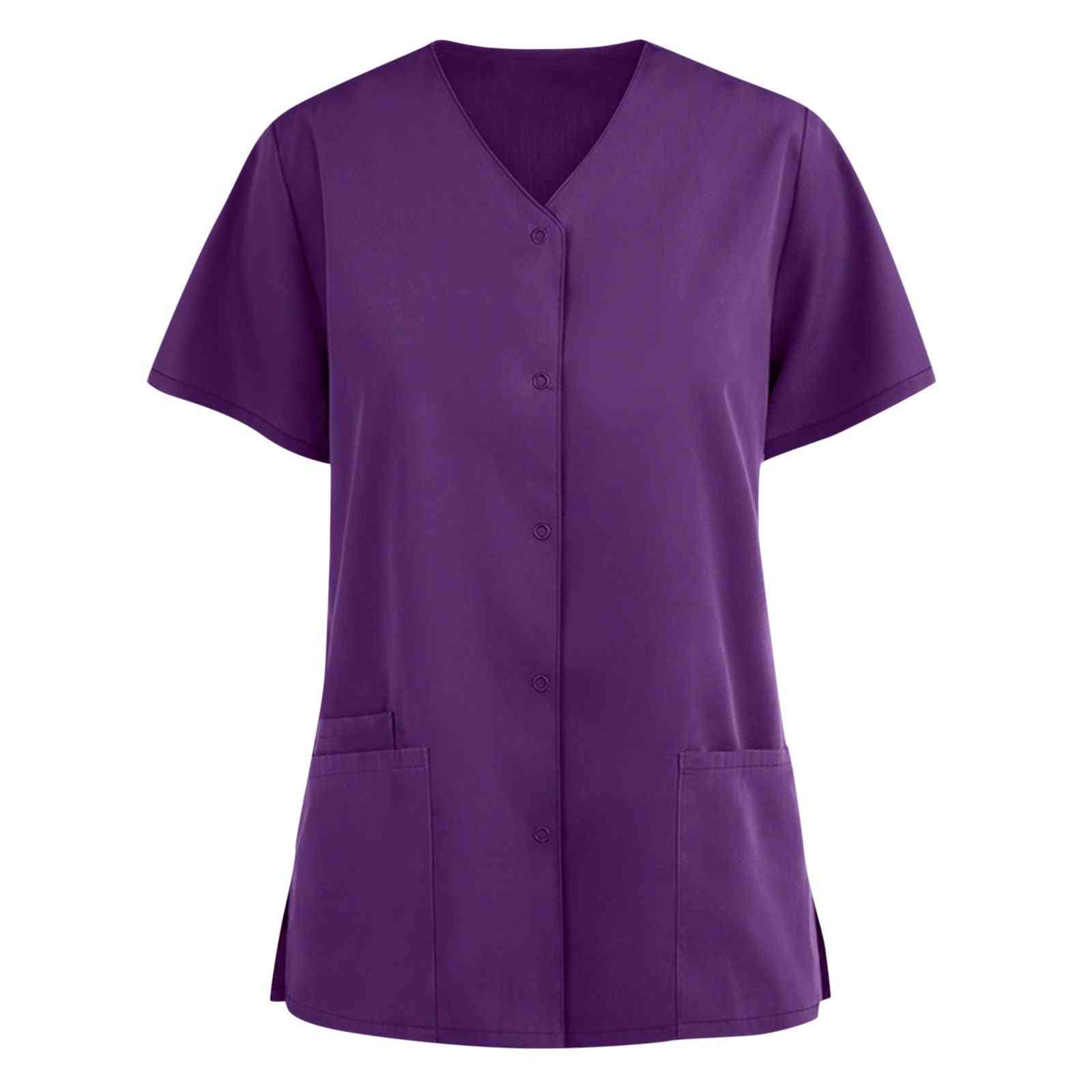Women's Blouse Clothing Soild Short Sleeve V-neck Care Workers Shirt Top