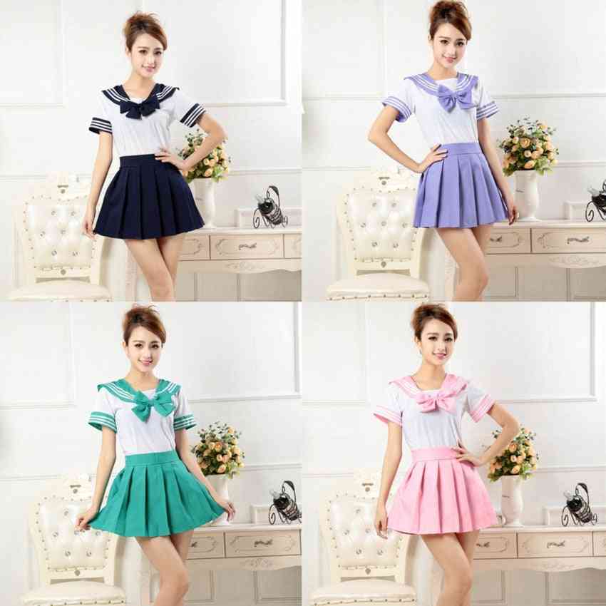 Girl School Uniform Sailor Shirt+pleated Skirt Set Knitted Woman Jk Suit