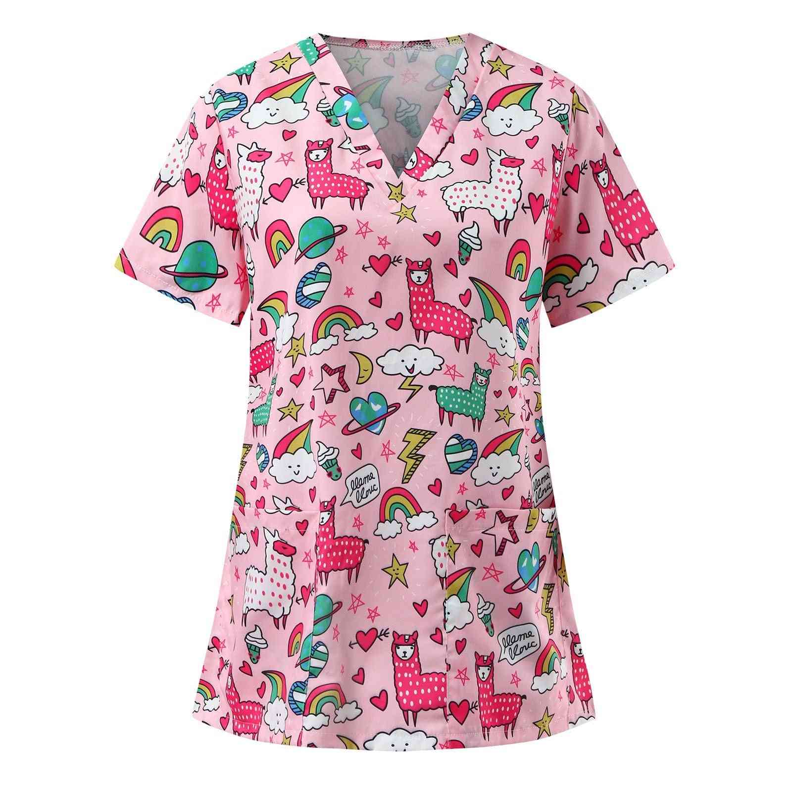 Women Short Sleeve V-neck Cartoon Animal Print Tops Nursing Working Uniform