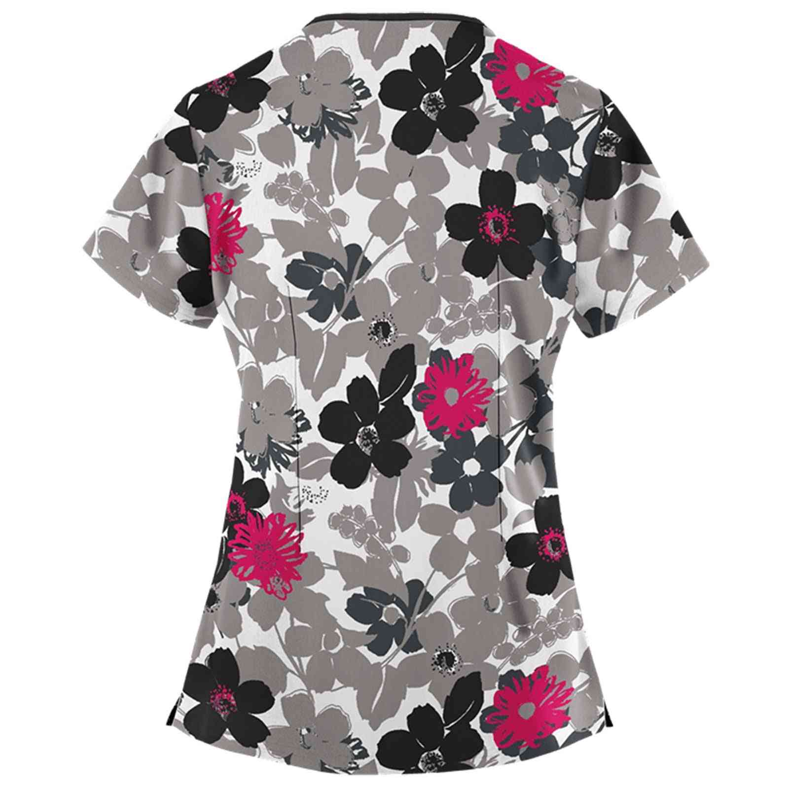 Women Short Sleeve V-neck Floral Printing Pocket Tops