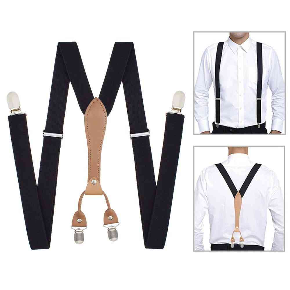 Elastic Clip-on, Y-shape Braces, Solid Polyester Suspenders With Leather