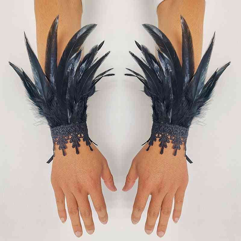Natural Lace- Feather Wrist Cuffs, Arm Warmer Gloves