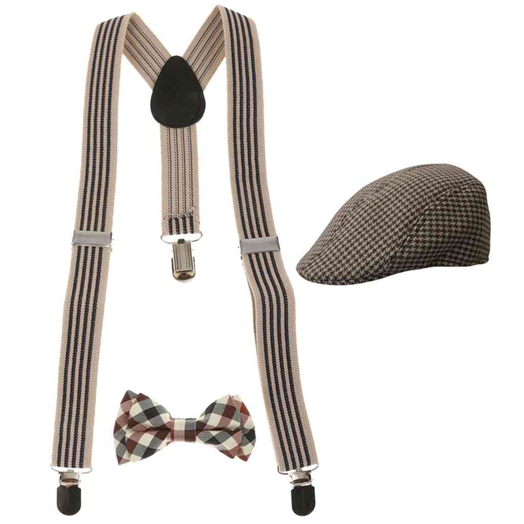 Suspender Y-back, Bowtie Beret Cap, Flat Hat Set Accessories