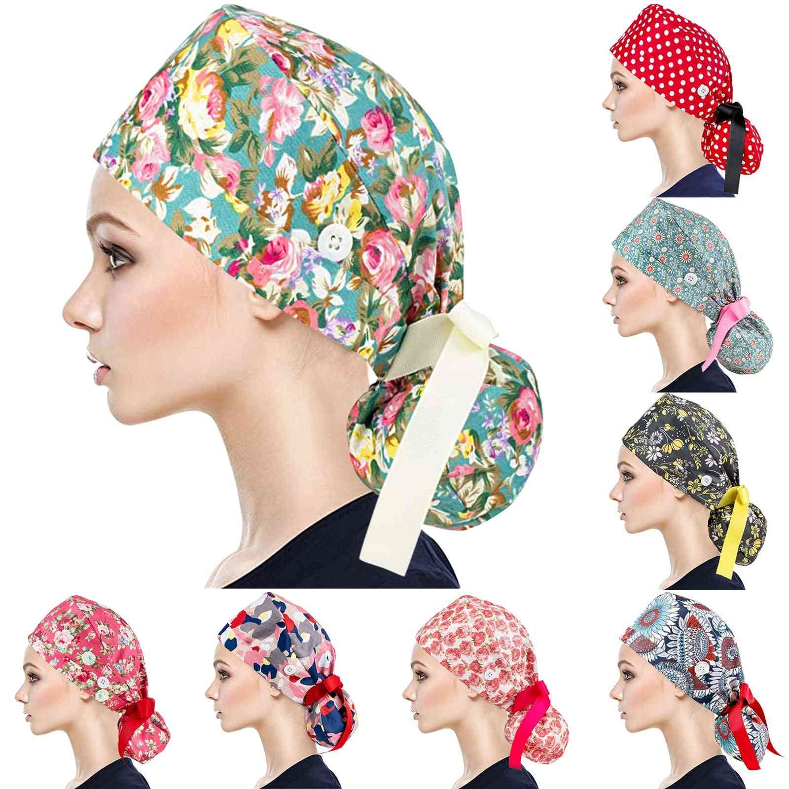 1pc Working Scrubs Cap With Button Sweatband Star Paisley Floral Print Adjustable Tie Back Elastic Bouffant Hat Head Scarf