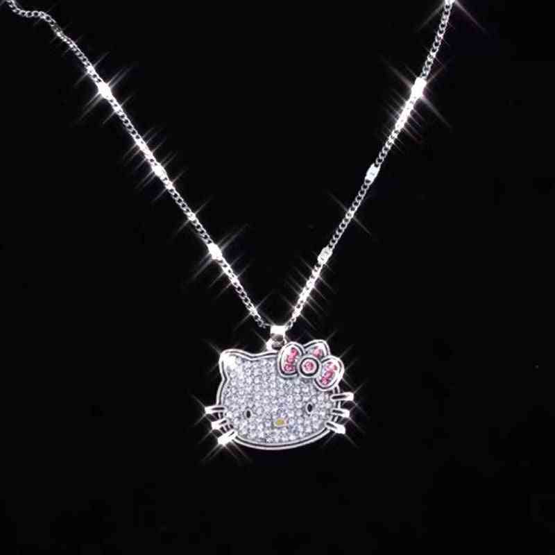 Fashion Hello Alloy Silver Kittyed Cat Necklace With Chain Crystals Female