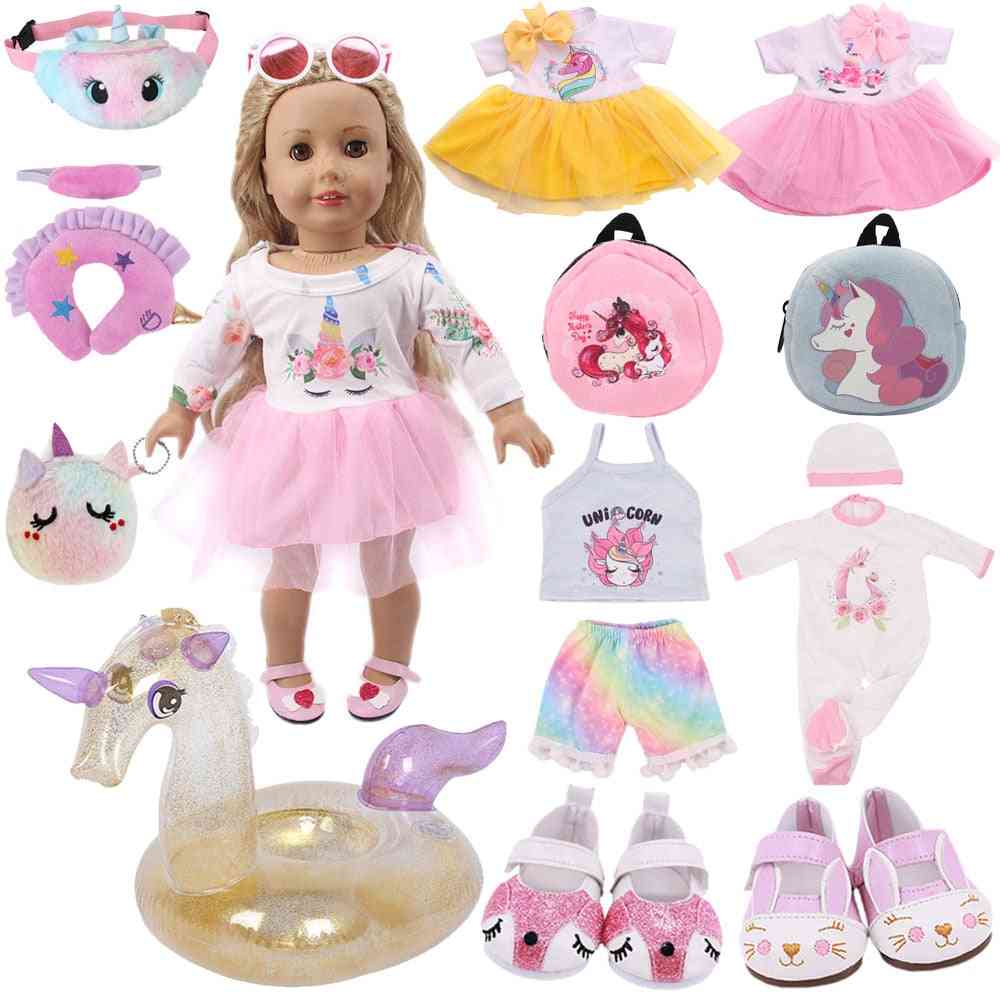 Cartoon- Unicorn Clothes Dress, Shoes Backpack, Fanny Waist Bag, Doll Accessories