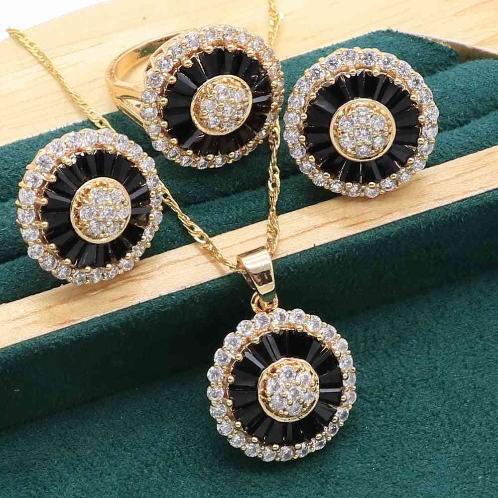 Gold Color Jewelry Sets - Wedding Black Blue White Crystal Earrings, Necklace And Ring For Christmas