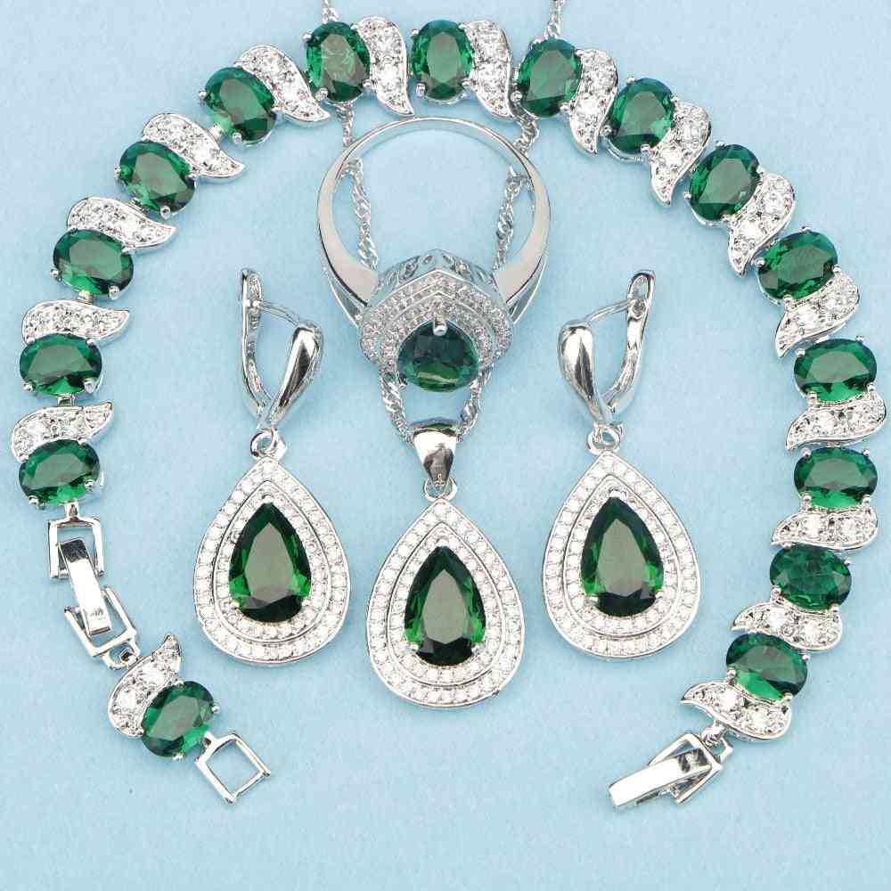 Har naturlige grønne cubic zirconia sterling sølv smykkesæt - armbånd/øreringe/ringe/vedhæng/halskæde